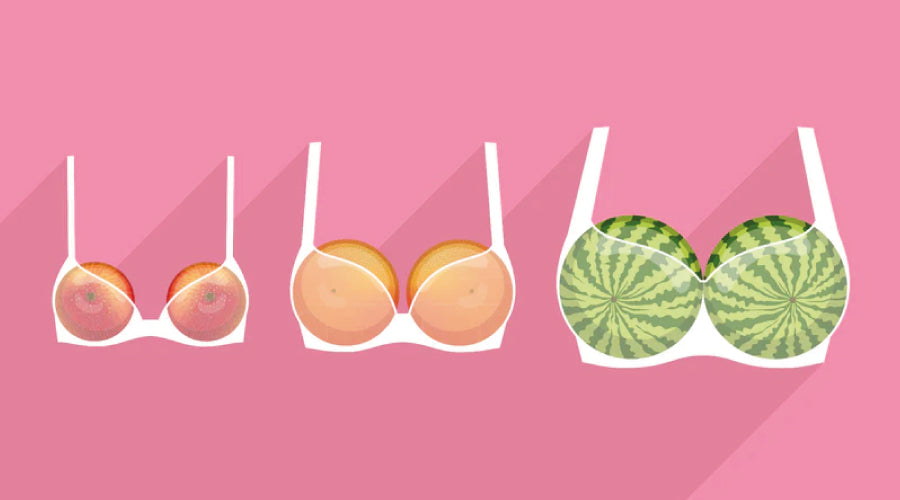 Cartoon image of three bras, all filled with different sized fruits