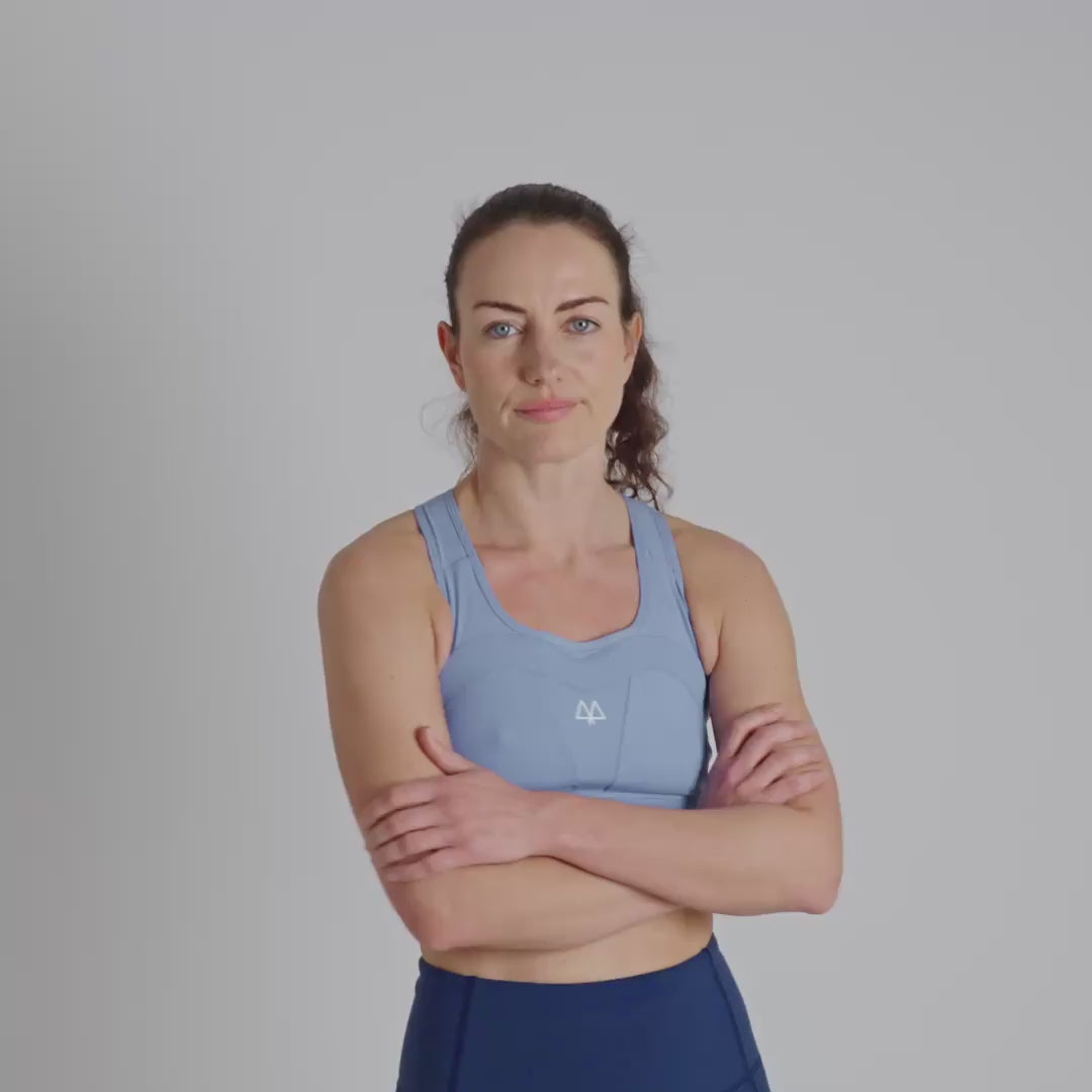 Light blue sports bra with a MAAREE brand logo on a neutral background